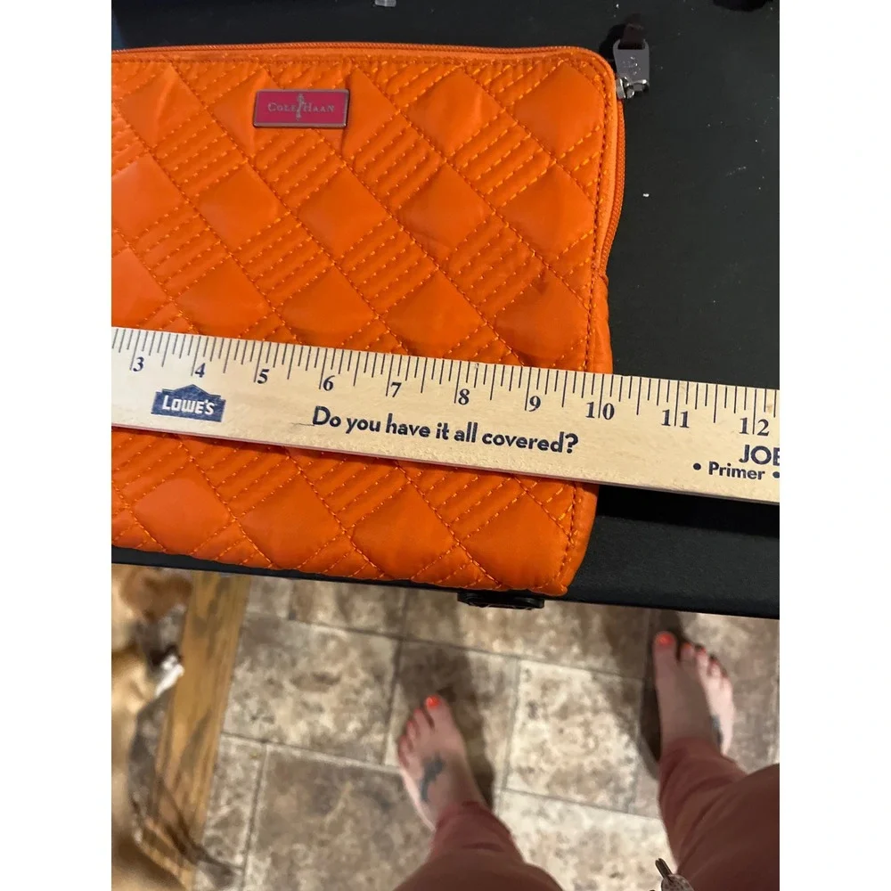Cole Haan Orange Quilted Nylon Zip Pouch‎ Makeup Bag Travel Clutch Organizer